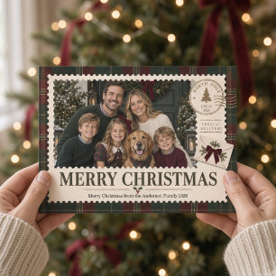 Vintage-Tartan-Nordpol-Weihnachtsfamilienfoto Feiertagskarte