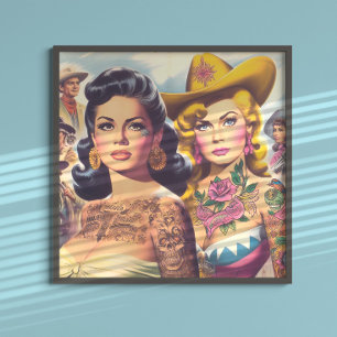 Vintage-Tätowierte-Cowgirls Poster