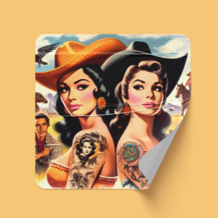 Vintage-Tätowierte Cowgirls Quadratischer Aufkleber