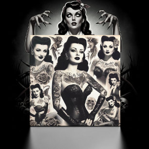 Vintage-Tätowierte-Goth-Frau-Collage Fliese
