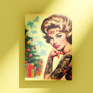 Vintage-Tätowierte Weihnachts-Pin-up Postkarte