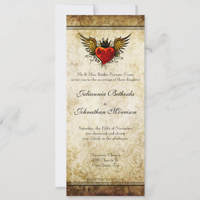 Vintage Tattoo Winged Heart Hochzeit Einladung (Vorderseite)
