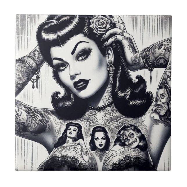 Vintage Tattooed Goth Girl Fliese (Vorderseite)