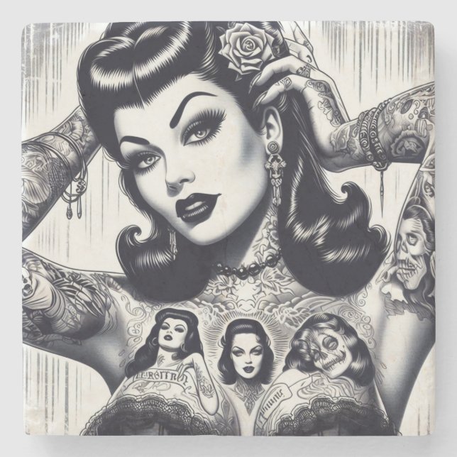 Vintage Tattooed Goth Girl Steinuntersetzer (Vorderseite)
