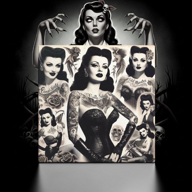 Vintage Tattooed Goth Woman Collage Fliese (Von Creator hochgeladen)