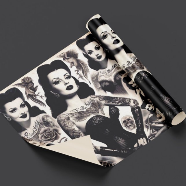 Vintage Tattooed Goth Woman Collage Geschenkpapier (Von Creator hochgeladen)