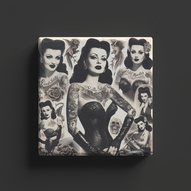 Vintage Tattooed Goth Woman Collage Steinuntersetzer (Von Creator hochgeladen)