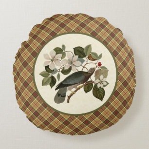 Vintage-Taube und Hartriegel mit goldenem Karo Rundes Kissen