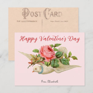 Vintage-Taube-und-Rosen-rosa-Valentinstagskarte Postkarte