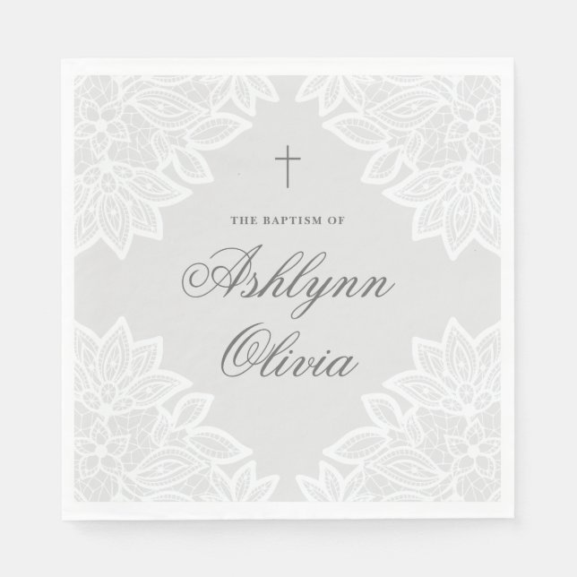 Vintage Taufe von Lace Gray Christening Serviette (Vorderseite)