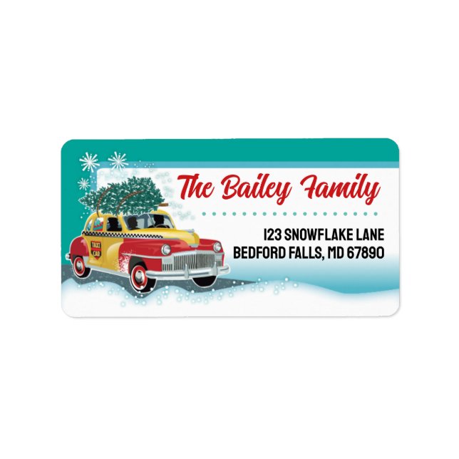 Vintage Taxi-Weihnachtskarte Adressaufkleber (Vorne)