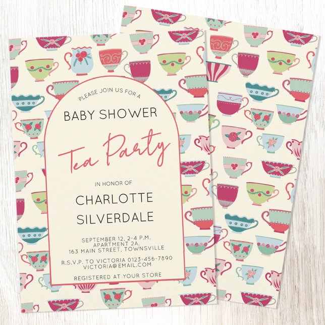 Vintage Tea Party Baby Shower Einladung (Vintage modern tea party baby shower invitation with custom text)
