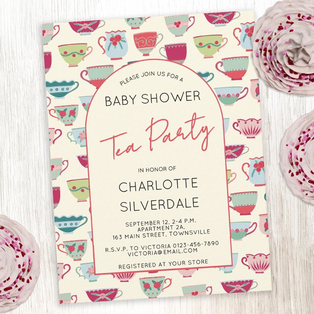 Vintage Tea Party Baby Shower Invitation (Modern vintage tea cups themed personalized baby shower tea party invitation postcard)