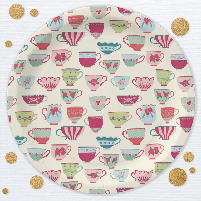 Vintage Teacup Tea Party Pappteller (Modern vintate teacup tea party pattern paper plates)