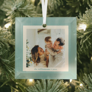 Vintage Teal Grün Streifen Foto Erinnerungsstück W Ornament Aus Glas