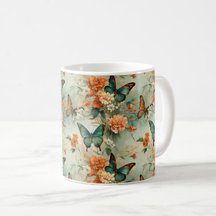 Vintage Teal-Schmetterling Orange Blumen Garten Kaffeetasse