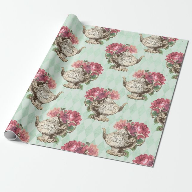 Vintage Teapos und Rose Geschenkpapier (Ungerollt)