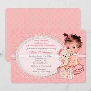 Vintage Teddy Bear Girls Baby Shower Invitations 2