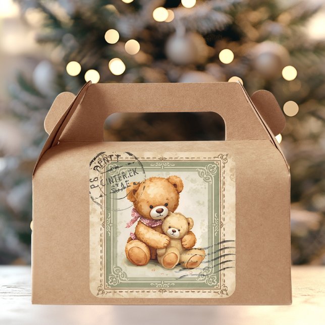 Vintage Teddy Bear Hug Postage Stamp  Quadratischer Aufkleber (Von Creator hochgeladen)