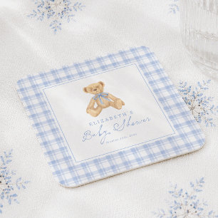 Vintage Teddybär Blau Gingham Baby Shower Rechteckiger Pappuntersetzer