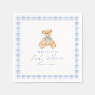 Vintage Teddybär Blau Gingham Baby Shower Serviette