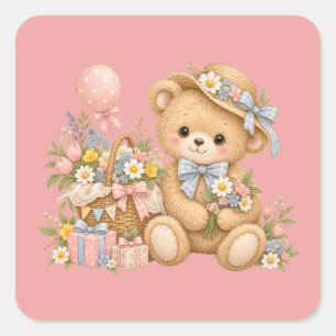 Vintage-Teddybär-Feier mit Wildblumen Quadratischer Aufkleber