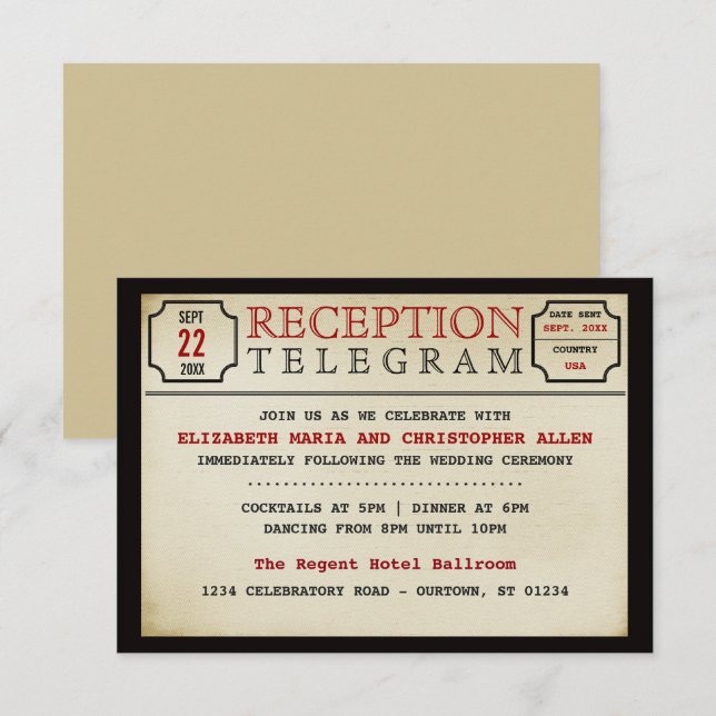 Vintage telegrammartige Hochzeitsempfehlung Begleitkarte (Vorne/Hinten)