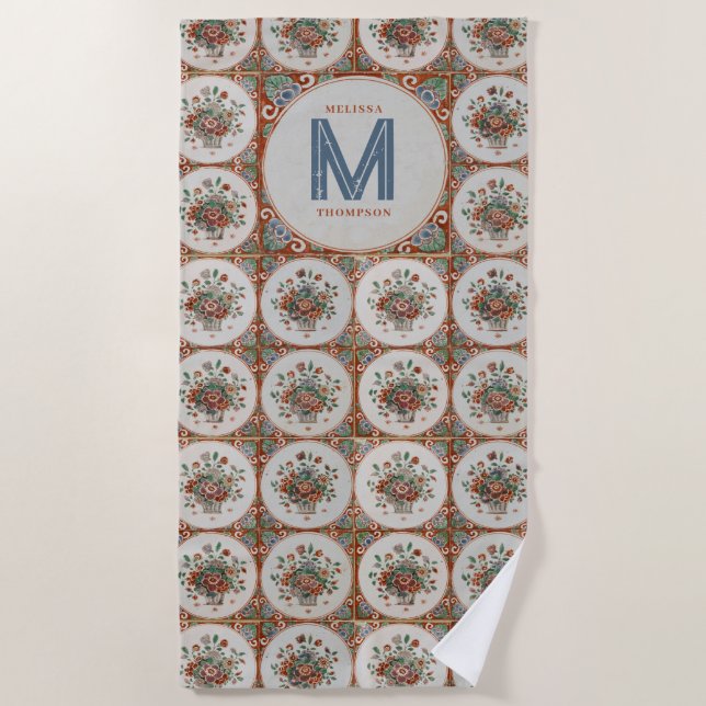 Vintage Terracotta-Tiles Monogram Strandtuch (Vorderseite)