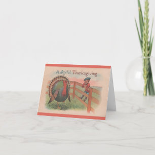 Vintage Thanksgiving-Karte mit Junge und Truthahn Karte