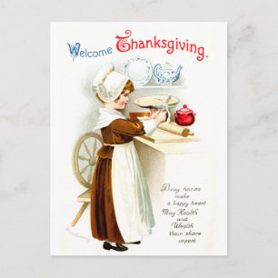 Vintage Thanksgiving - Pilgrim Baking Pie Feiertagspostkarte