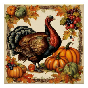 Vintage Thanksgiving Truthahn, Obst und Kürbisse  Poster