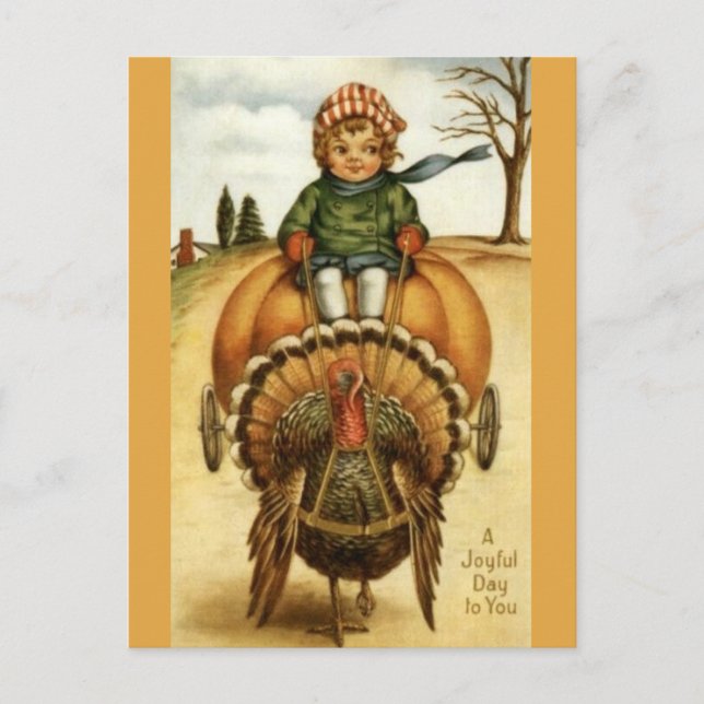 Vintage Thanksgiving Turkey Cart Feiertagspostkarte (Vorderseite)