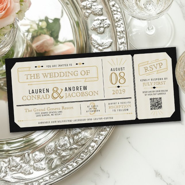 Vintage Ticket Elegant Black & Gold Retro Wedding Einladung (Retro passport boarding pass black & gold vintage ticket style art deco monogram wedding invitation)