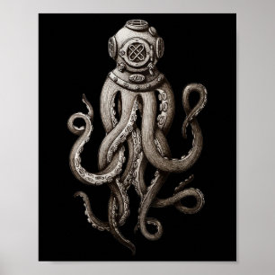 Vintage Tiefseetaucher Cthulhu Octopus Poster