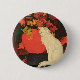 Vintage Tiere, elegante weiße Katze, Blume im Herb Button