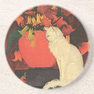 Vintage Tiere, elegante weiße Katze, Blume im Herb Untersetzer