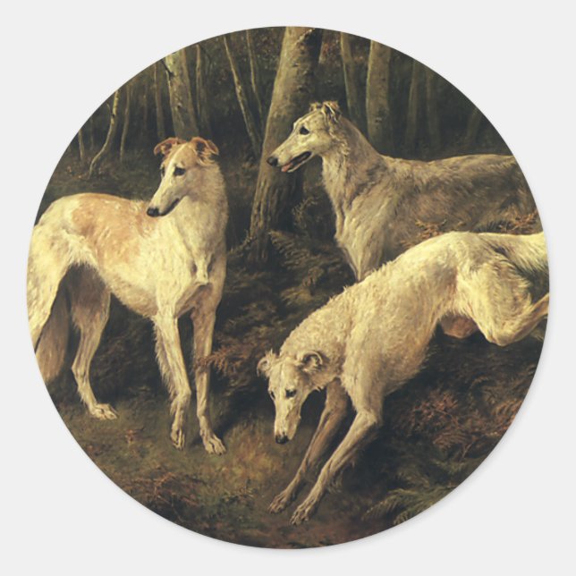 Vintage Tiere, Grauhund-Jagdhunde im Wald Runder Aufkleber (Vorderseite)
