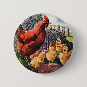 Vintage Tiere, Hühner mit Baby-Chicks auf Bauernho Button