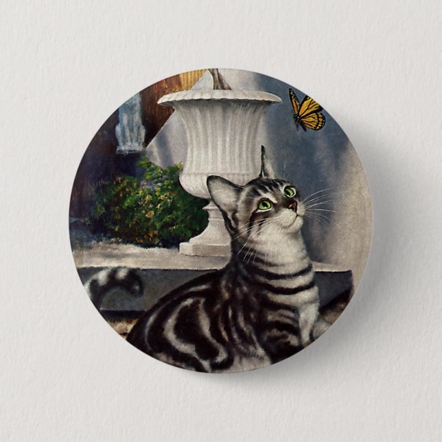 Vintage Tiere, Niedlicher Tabby Cat und Schmetterl Button (Vorderseite)