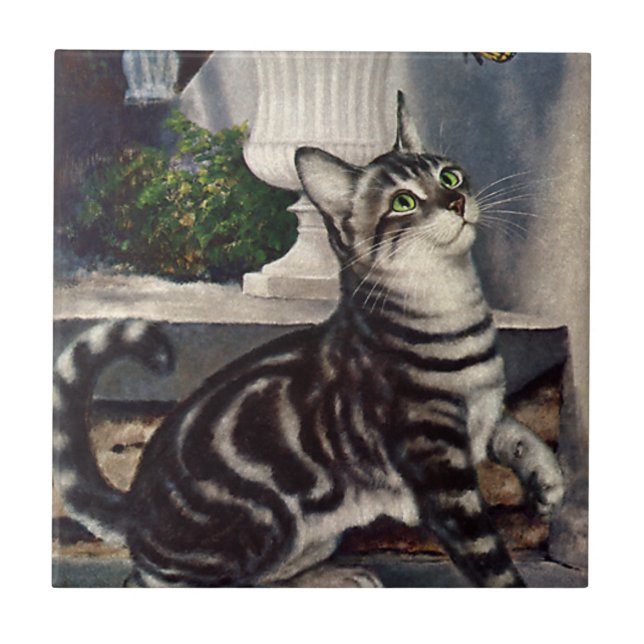 Vintage Tiere, Niedlicher Tabby Cat und Schmetterl Fliese (Vorderseite)