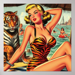 Vintage-Tiger-Print-Mädchen Poster