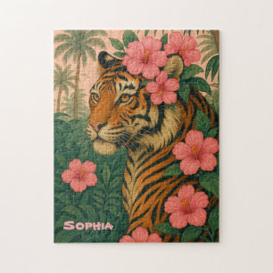 Vintage-Tiger-Puzzle mit rosa tropischen Blumen