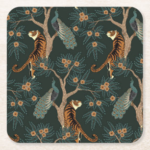 Vintage Tiger und Pfau Rechteckiger Pappuntersetzer