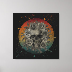 VINTAGE-TOTENKOPF UND BLUMEN SCHWARZ UND WEIß LEINWANDDRUCK
