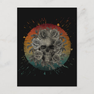 VINTAGE-TOTENKOPF UND BLUMEN SCHWARZ UND WEISS POSTKARTE