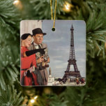 Vintage Tourists Traveling in Paris Eiffel Tower Keramikornament<br><div class="desc">Vintage illustration travel and transportation image featuring vacationing newlyweds sightseeing in Paris, France with the Eiffel Tower in the background. A love and romance design with a man and woman on a romantic vacation, a couple in the city of lights on their honeymoon. She is holding a map of the...</div>