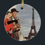 Vintage Tourists Traveling in Paris Eiffel Tower Keramikornament<br><div class="desc">Vintage illustration travel and transportation image featuring vacationing newlyweds sightseeing in Paris, France with the Eiffel Tower in the background. A love and romance design with a man and woman on a romantic vacation, a couple in the city of lights on their honeymoon. She is holding a map of the...</div>