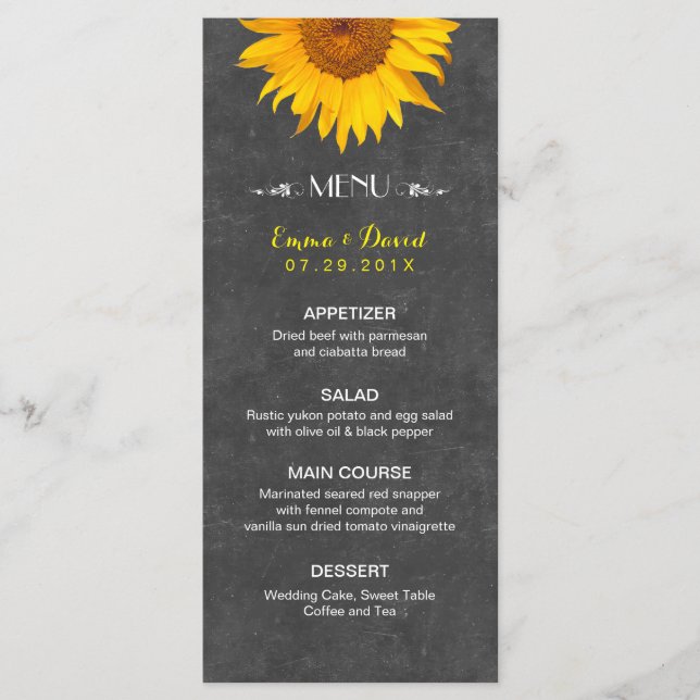 Vintage Tournesol Rustique Mariage Menu (Devant)