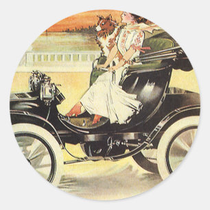 Vintage Transport, Frau in Cabrio Runder Aufkleber