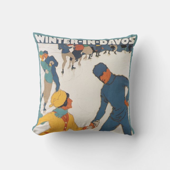 Vintage Travel, Art Deco, Winter Davos Schweiz Kissen (Vorderseite)